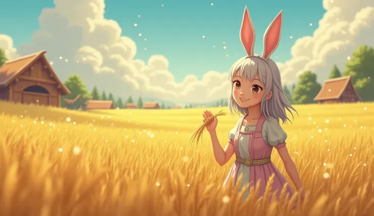 morning，Fantasy style，Bright， There are wooden houses around the vast wheat field ，There are many fireflies around， first-person view ，A cute silver-haired, rabbit-eared woman is standing in a wheat field in the distance with a smile，Her right hand clutche...