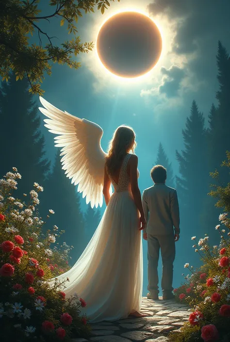 A woman with white angel wings and a white dress with a heel ,  turned on their backs and a little behind her Tom Kaulitz in a very bright garden at night while the solar eclipse takes place some white and red flowers fall from the sky, While there is a gu...