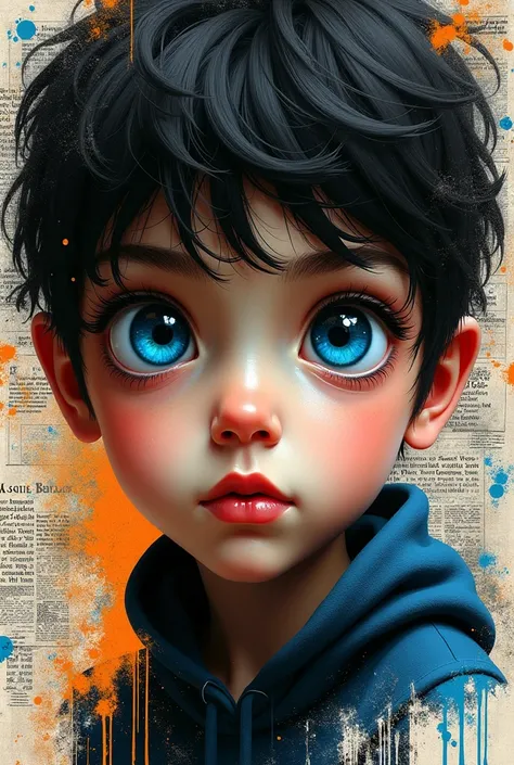 "Create a detailed and vibrant digital painting of a young ’s face with expressive, oversized blue eyes. The background should feature a collage of layered newspaper clippings, handwritten text, and abstract typography. Incorporate bold splashes of paint i...