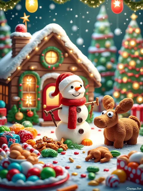 In a fantastic microscopic world，QQ candies create a colorful Christmas scene。Snowflakes are falling lightly like tiny icing sugar，Covering a cozy cottage，The roof is made of white QQ candy， shimmers faintly 。The windows of the cottage are transparent The ...