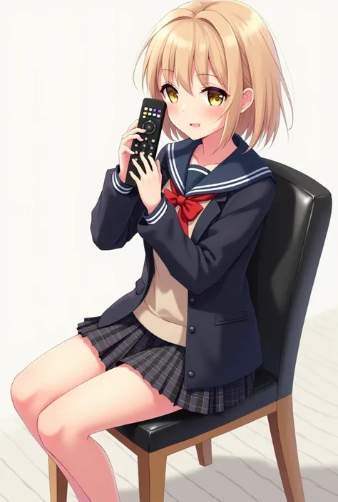  An anime-style illustration of a beautiful teenage girl sitting on a dining chair and backrest black leather with wooden legs She wears a school uniform that includes a dark jacket and a plaid skirt, while holding a black television remote control in her ...