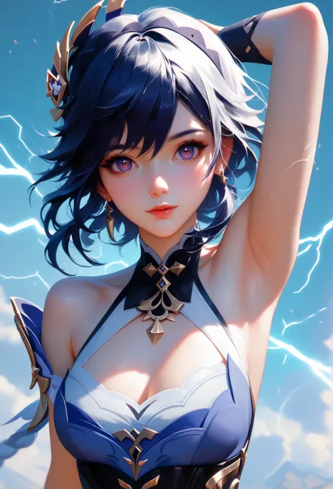 score_9, score_8_up, score_7_up,source_animation,  high-resolution image ,masterpiece, top quality,[girl, Cute face ,  transparent skin ,thunder and lightning_general_Genshin Impact, ahe face,Armpits,