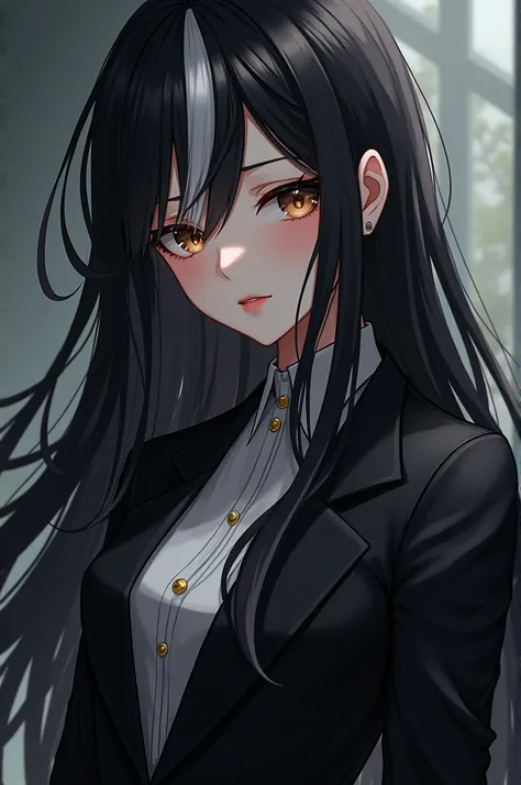 fantasy, anime style, HDR,UHD,8K, best quality, masterpiece, Highly detailed, sharp focus, Professional, fantasy, anime style, a woman, brown eyes, black hair, white streak in her bangs, dark circles, tired appearance, wearing formal clothes with a black o...