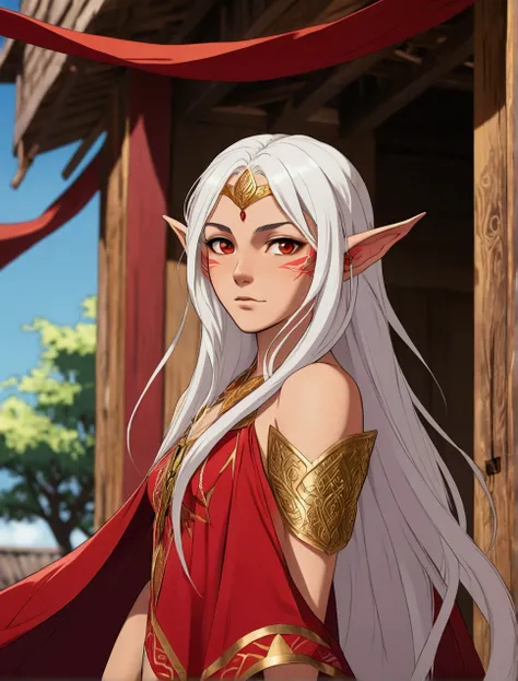 A young elf with long white hair, bright tan skin, pointed ears, and intense red eyes that glow in the light. She wears a revealing red tribal outfit with gold accents and a flowing cape. The setting is outdoors, with wooden buildings in the background and...