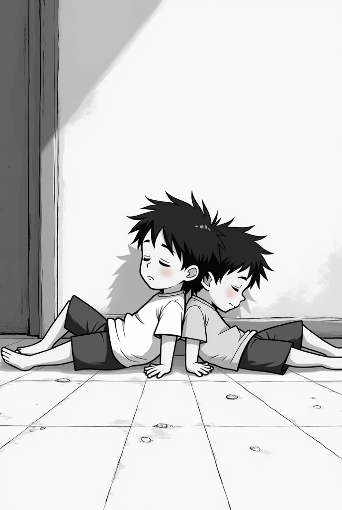  2 boys lying on the floor one next to the other, The one above is bagito  ( black and white animation )