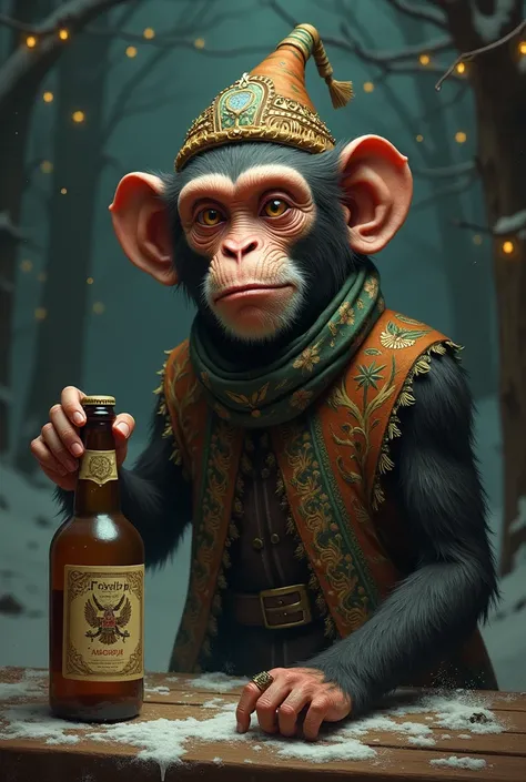 Scary funny sclavic New Years monkey with a bottle in the ass