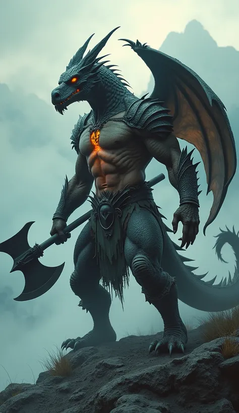 Create a hybrid version where the features of a dragon and a barbarian warrior are fused into a single, powerful entity. The figure should have the muscular, battle-worn torso of a warrior, with dragon wings emerging from the back. The lower half is covere...