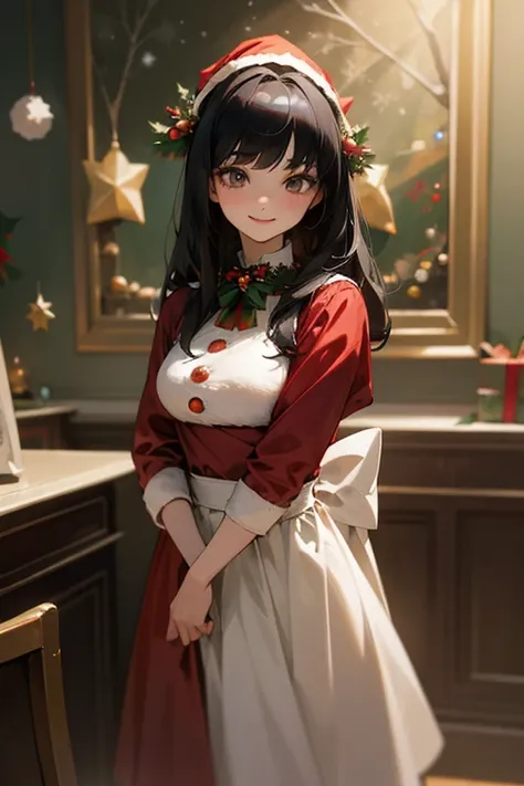 (  highest resolution,   clear  _image)  top quality, single,   one woman, Alone, masterpiece,   very detailed with crimson hair,   semi-realistic  ,   black hairのショートヘア,   black hair, bangs, 18 years old,   mature, light blue uniform, uniform, indoor back...