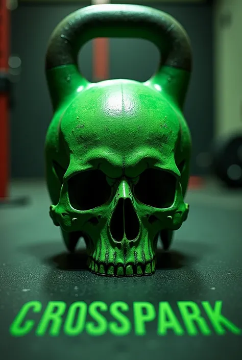 A head of a green skull shaped like a kethbell inside a crossfit box
Written on the bottom of the image is the word CROSSPARK