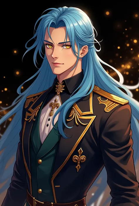 {( best quality , 8k,  masterpiece , HDR,  soft lighting , perfect image,  digital illustration , manhwa art, hyperdetailed image, perfect lines, realistic)} 1 very handsome man, long blue hair,  yellow-eyed, olive skin, luxurious clothes ( stately posture...