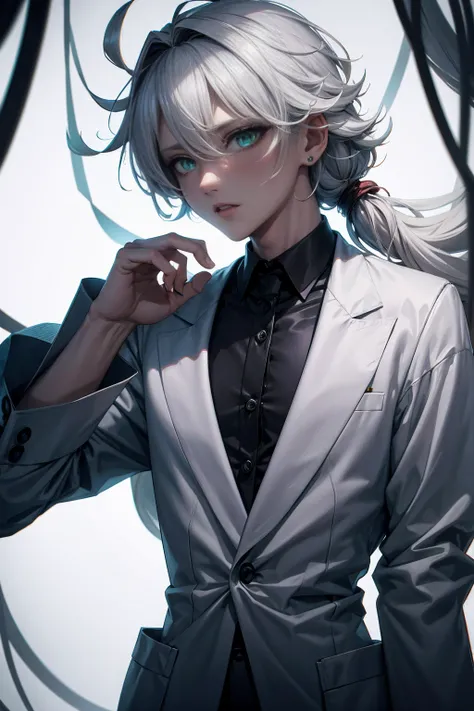 1 femboy, MALE, FEMBOY, solo androgynous male, soft delicate features, male, beautiful femboy, fully clothed in a hospital gown, penis bulge, messy gray hair, pale, green eyes, button nose, scared expression, sad, in a scary lab cage, blood splatters on fa...