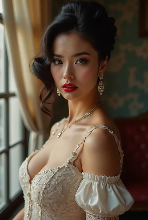 Hollywood photo, alluring Caucasian temptress,
perfect gray eyes, bright red lips, ample bosom, voluptuous, pretty face,
beautiful look, sensual, sultry, detailed elegant dress,
Victorian lace formal dress, curly elegant hair up, style by Rembrandt