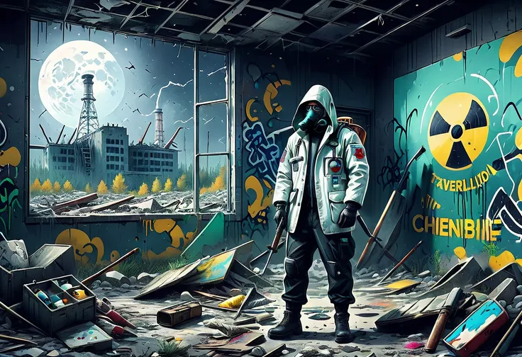 ((post apocalyptic Wasteland, abandoned place, rubble, destruction, destroyed buildings graffiti on walls:1.5)), ((Chernobyl, mutants, paramedic, tattered clothes with hood and weapons, dynamic pose, epic:1.6)), ((background dark, full moon night:1.4)), (M...