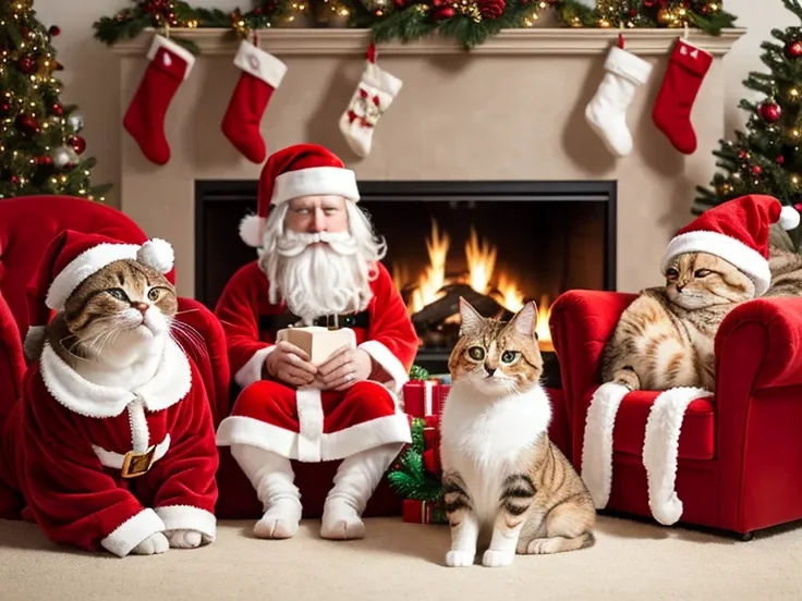 Cute cats and dogs sitting adorably while dressed in festive Santa Claus outfits. Each animal features a 3D realistic design with soft, fluffy fur and expressive faces. The cats and dogs are posed in charming seated positions, with tiny Santa hats and red-...