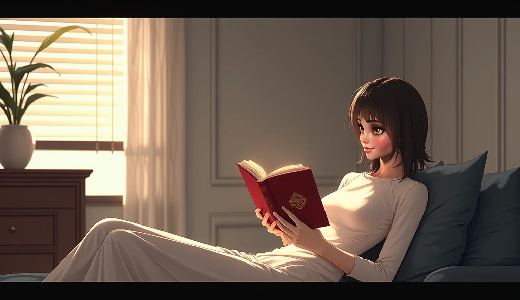 Character lying down reading a red-cover book and listening to music in an aesthetic room