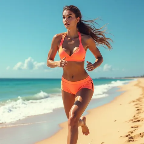 Generate a hyperrealistic image of this girl at the beach doing sports