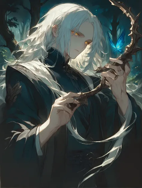 illustration, highest quality, very detailed, animation, ((alone)), man, (male), long flowing white hair, yellow eyes, scar, dark forest, soft shadow, dreamy and beautiful, mysterious, face-to-face, shooting a bow in hand