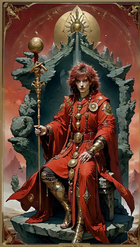 tarot, Man seated on a stone throne Throne decorated with sheeps heads wearing red robe and robe and Armor under the robes Ankh Scepter on his right hand and Golden Sphere on his left hand Bare mountains and red sky ((text at the end of the letter : "")) d...