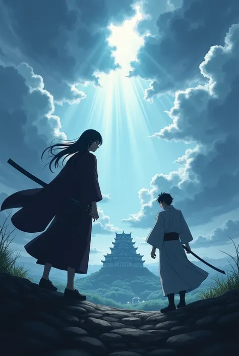 scene from an anime,  the weather is cloudy with lots of rays ,  below has a kingdom and a huge castle ,  who are calling because of a battle ,  and in the background we see the figure of two people , one at each end of the kingdom ,  and they are present ...