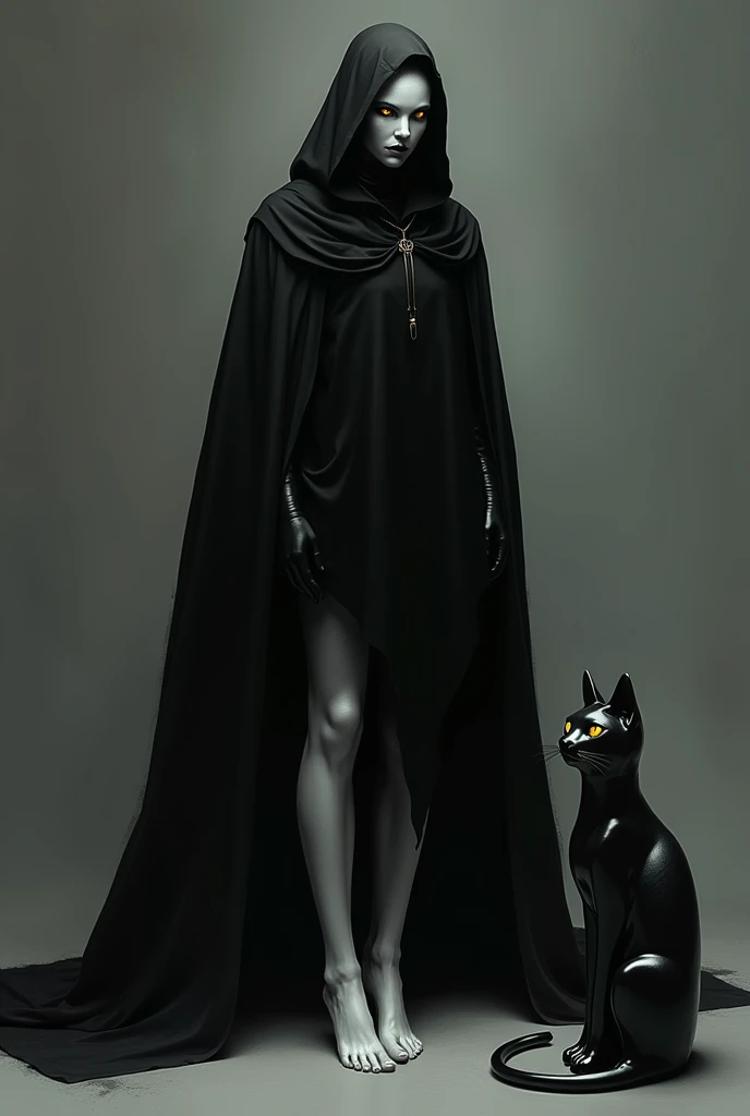  animation in black clothes . human being.  white skin .  white silver feet that reach to the chest. yellow eyes. Cat statue.