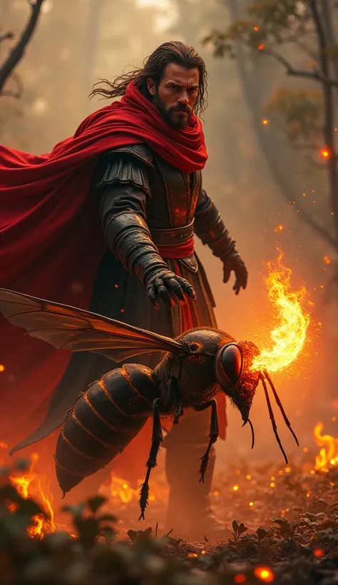 Macro photograph of a fierce fire mage clad in a crimson cloak and black armor, standing on the back of a hornet mid-flight. The mage holds a glowing orb of flame in one hand, casting warm light that highlights the hornet’s sharp wings and segmented body. ...