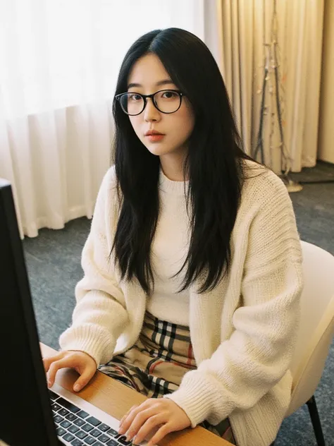  high definition 、Age 30、 Japanese woman with a viewing angle of、 long black straight hair 、White knit、 big breasts、 Burberry miniskirt 、Black-rimmed glasses、 Im using a computer、 having an online meeting、Bright meeting room、There are about 10 people 、Beau...