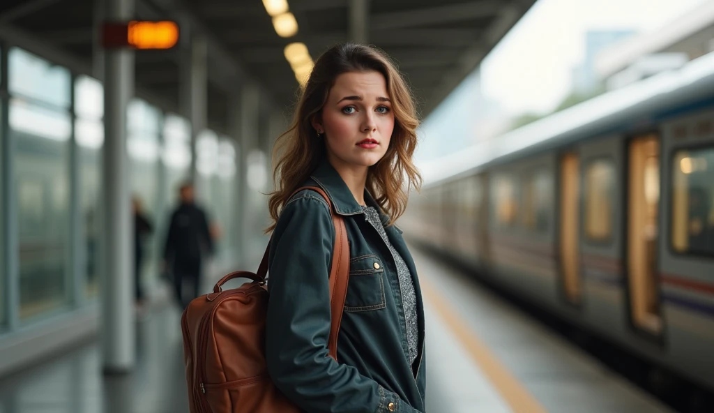 A woman is standing at a train station dressed as a traveler carrying a travel case bag. and she is looking at front straight. she has serious face, 
she Stands up straight with chests and faces straight ahead. front and looking straight ahead, like portfo...