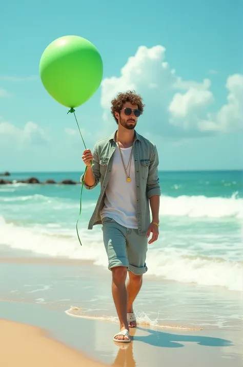 A cool young guy is carrying a green balloon ,  the cool guy is walking on the beach with the rustle of the waves