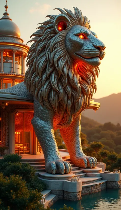 "A futuristic mansion with architecture inspired by an ornate lion design, featuring intricate metallic patterns resembling a lions majestic mane and face. Glowing orange lights illuminate the structure, casting a regal aura. The mansion is surrounded by l...