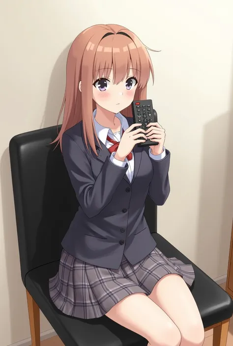 An anime-style illustration of a teenage woman sitting on a black leather dining chair and backrest with wooden legs. She wears a school uniform that includes a dark jacket and a plaid skirt., while holding a black television remote control in her hands at...