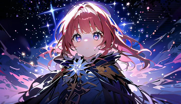 The surface of the water looks like a mirror reflecting the stars、lake、Super high quality,（（（ Masterpiece）））， 4K resolution，  very detailed with crimson hair， （（  for very thin eyes ））），  Detailed Background ，  Cinematic Lights， Crystal-like sparkling eyes...