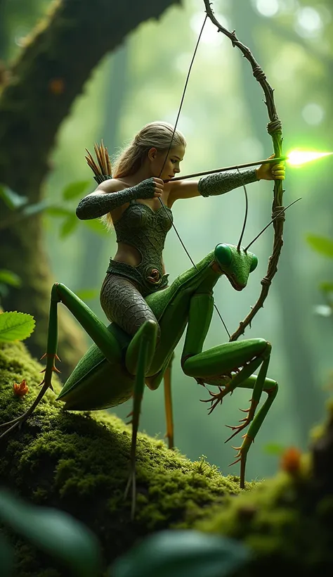 Macro photograph of a woodland elf wearing bark-like armor, perched on the back of a green praying mantis. The elf grips a bow made of twisted vines and aims a glowing green arrow at an unseen foe. The mantis clings to a moss-covered branch, surrounded by ...