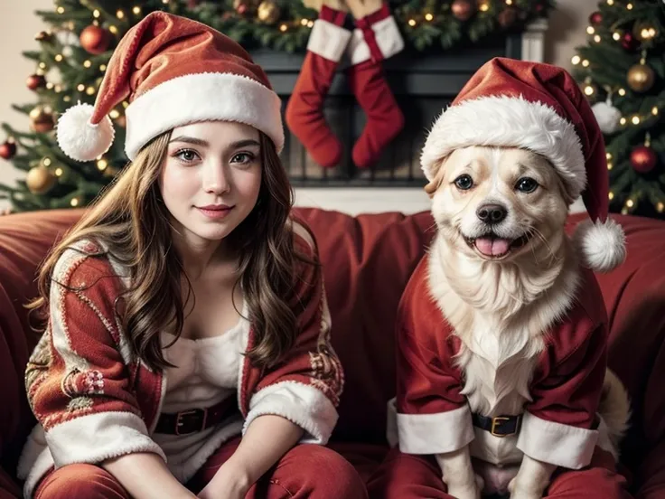 Cute cats and dogs sitting adorably while dressed in festive Santa Claus outfits. Each animal features a 3D realistic design with soft, fluffy fur and expressive faces. The cats and dogs are posed in charming seated positions, with tiny Santa hats and red-...