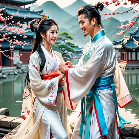 ( couples after insertion, Beautiful men and women), Big watery eyes,  looking at each other ,  smiling and wearing white clothes ,   delicate hair here ,  Ancient Chinese Beauties and Handsome Men Wearing Ancient Chinese Costumes, 古代中国の衣装を身に着けた, Flowing t...