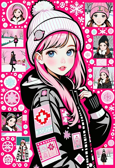 (masterpiece, best quality:1.1), A girl cheerful walking on corridor decorated with pictures of girls,detailed kawaii face,pose, she is surrounded by snow symbols,teenager,wearing Beanie, black sweater, Burberry coat, miniskirt, boots,collage artwork,zenta...