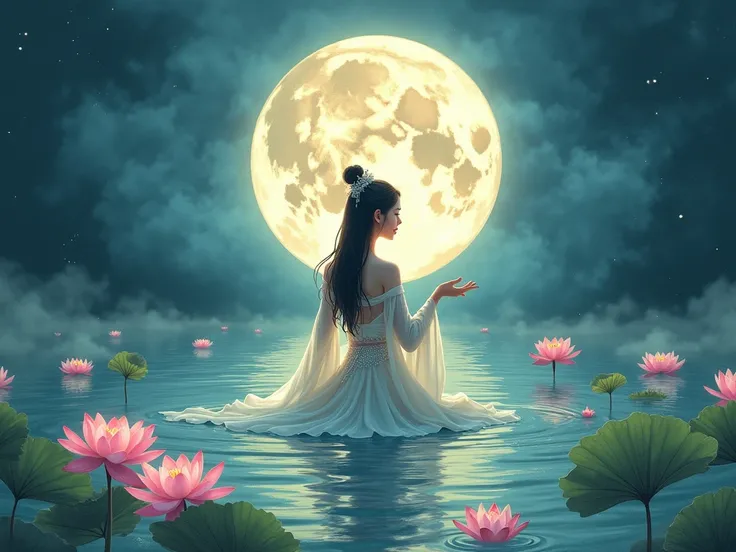 Draw a mythical picture of a sacred Korean woman looking at the moon, floating on the water in the middle of the pond, wearing a bridal seat, dancing in beautiful circles with her arms, and lotus flowers blooming around her and mist of water softly bloomin...