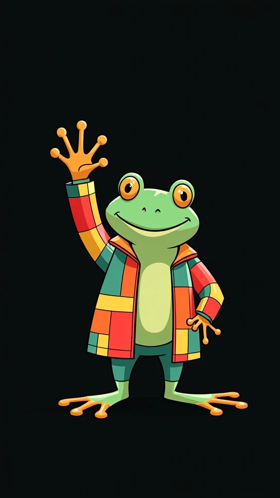 A cartoon frog, centrally positioned, is wearing a vibrant, multicolored patchwork jacket.  The jacket is composed of various squares of red, orange, yellow, green, and blue. The frog is light green, with simple, large, dark-outlined eyes and a neutral exp...