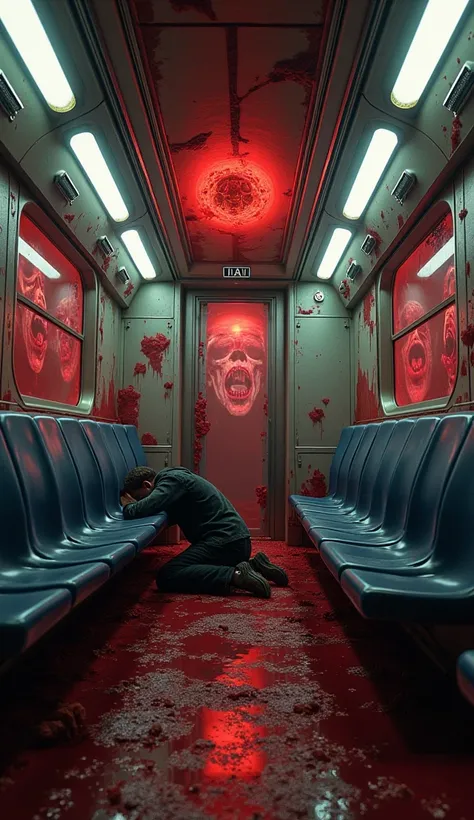 Visual Movement:
The camera pans around the train as it morphs: the metal walls shift into pulsating flesh, the seats become skeletal remains, and the windows show ghostly faces screaming in silence. The air vibrates with a low, guttural hum as Liam collap...