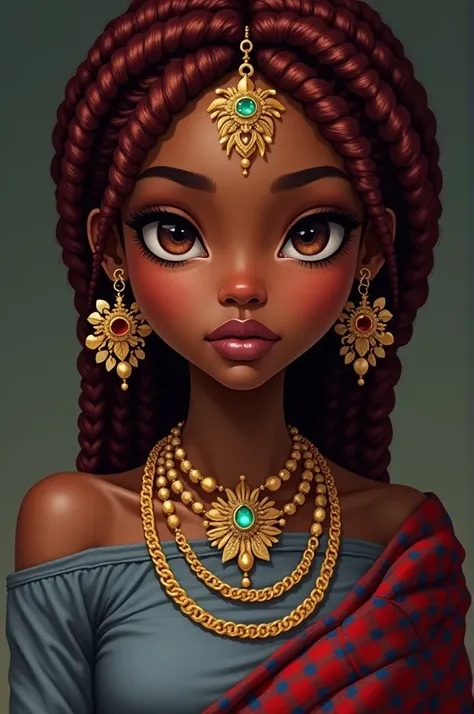 Create an image of an african girl who has dark red braids she has full eyebrows but onky at the start and they gets less as they end she has big round eyes and short eyelashes she has a medium sized nose and full lips she is wearing all gold jewelery and ...