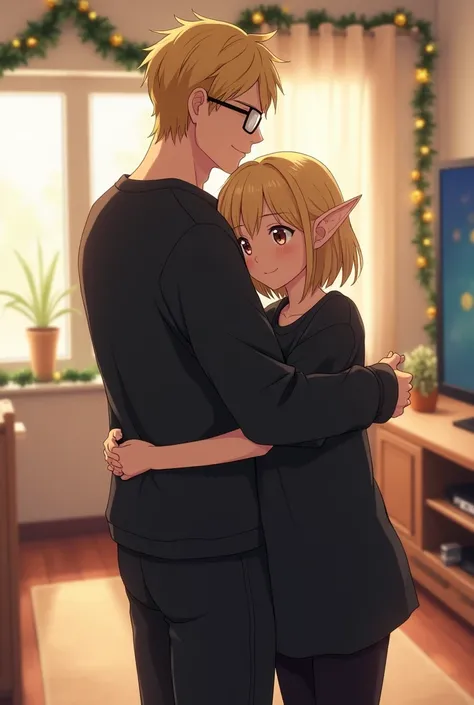 2 people.  1 guy is big ,  blond short hair ,  rectangular eyeglasses , black big sweatshirt, black pants. 1 girl is smaller and thinner than the guy ,  shoulder length blonde hair, elf ears, black oversized t-shirt , black pants. They are hugging.  The gi...