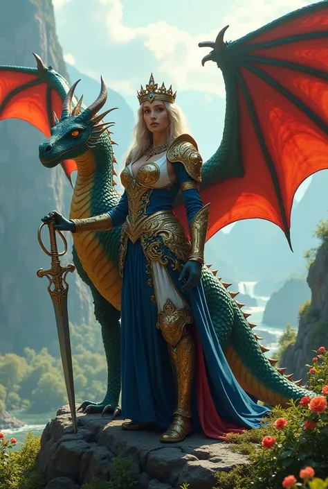 A photorealistic portrayal of the Mother of Dragons, reimagined as a fierce protector inspired by the elegance and cultural heritage of France, standing confidently with her real dragon in a breathtakingly realistic, natural backdrop. Her armor is a fusion...