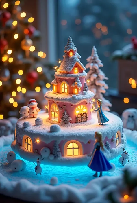 (8k, Highest quality, masterpiece), Christmas decorations, battery operated round decoration cake shaped toy, rotating toys, toys with ice dancing dolls, toys that imitate a Christmas town ,(,A rotating cylinder-shaped toy, A frozen lake, Characters from t...