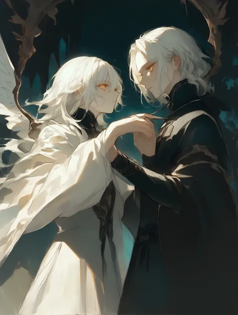 illustration, highest quality, very detailed, animation, ((alone)), man, (male), long flowing white hair, yellow eyes, scar, dark forest, soft shadow, dreamy and beautiful, mysterious, face-to-face, shooting a bow in hand