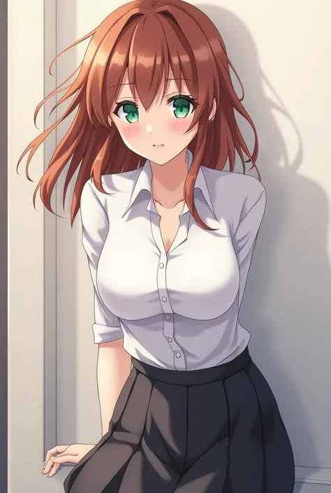 monika of doki doki literature club, ddlc, she leans against a wall, she wears a skirt and a white shirt