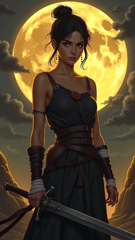 A young European woman with dark brown hair in a sloppy bun stands against a huge moon. She has an expressive face with a determined look, directed slightly to the side of the viewer. her skin has an olive hue. the woman is wearing a dress or tunic of dark...