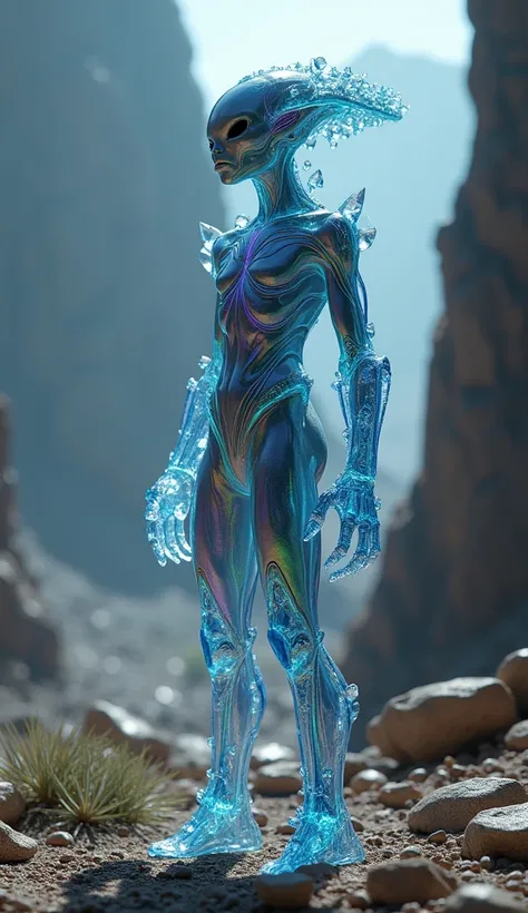 On a planet of shattered plateaus and deep chasms, a species of humanoid aliens has evolved with a unique trait: their bodies are partially made of living crystal. These crystal-infused beings have translucent, glowing skin with veins of brilliant blue, gr...