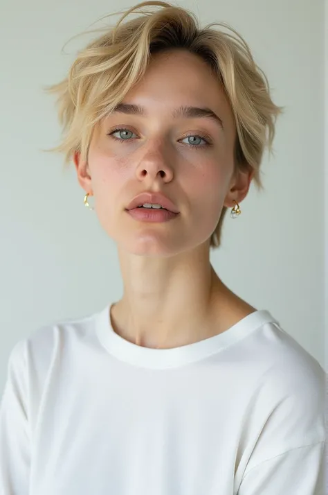 Selfie, model, blond, short hair, white top, realistic