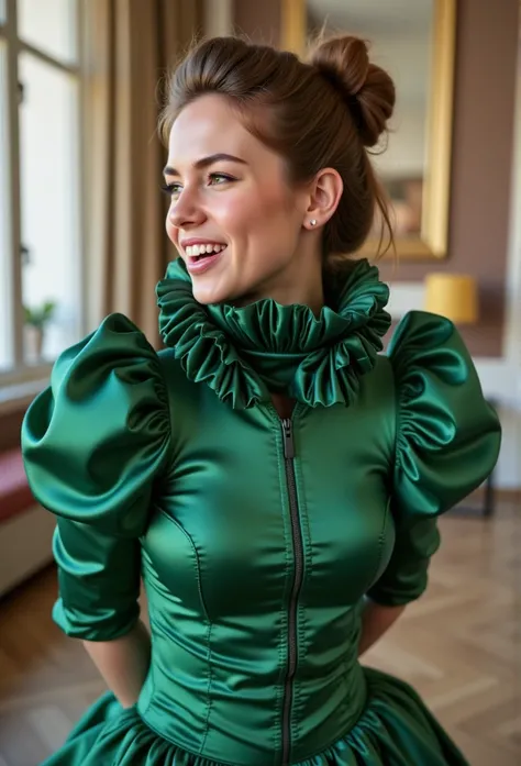 (realistic photograph close up sideways cheerful), (a pleased beautiful European orgasm look lady with (messy hair bun), she is wearing (an elaborate extensive shiny green silk dress with (long gigantic puff sleeves), (and an ultra high narrow stand-up col...