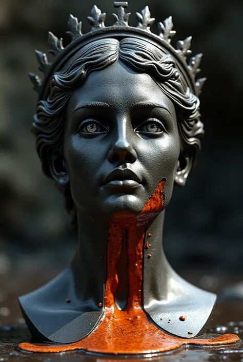 ((masterpiece, highest quality, Highest image quality, High resolution, photorealistic, Raw photo, Extremely detailed CG unified 8k wallpaper)), A classic statue representing a womans head, made of metal such as bronze or gold. One half black metal and the...