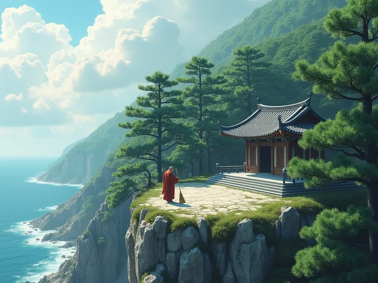 View of a pine forest and temple on a low cliff on the east coast of Korea, A Korean monk is broom in front of the temple.